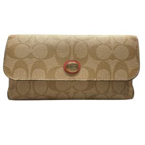 Coach Signature Coated Canvas Full Size PVC Checkbook Wallet Khaki / Pink Ruby